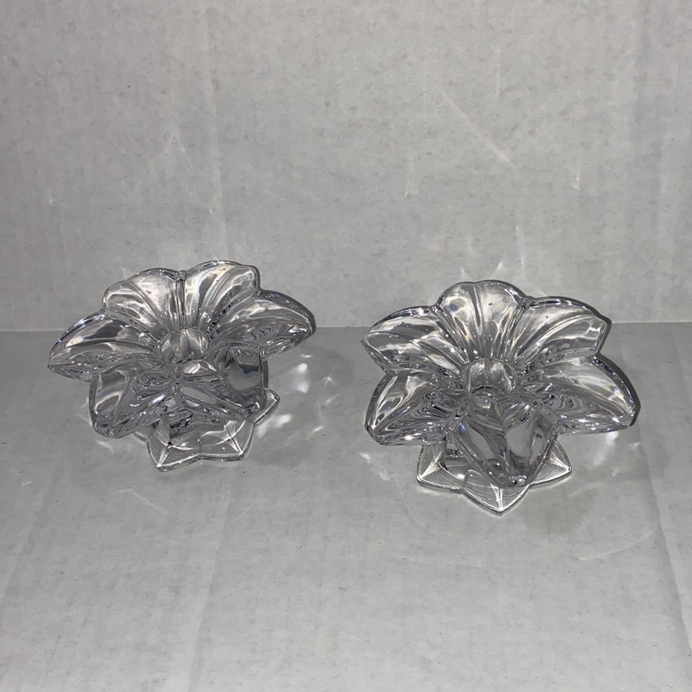 Vintage Heavy Clear Glass Mid-Century Modern Floral Candle Stick Holders